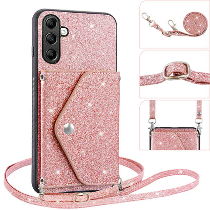 For Samsung Galaxy M13 4G / M23 5G / F23 5G Card Holder Phone Case Triangle Kickstand PU Leather+TPU Glittery Powder Shell