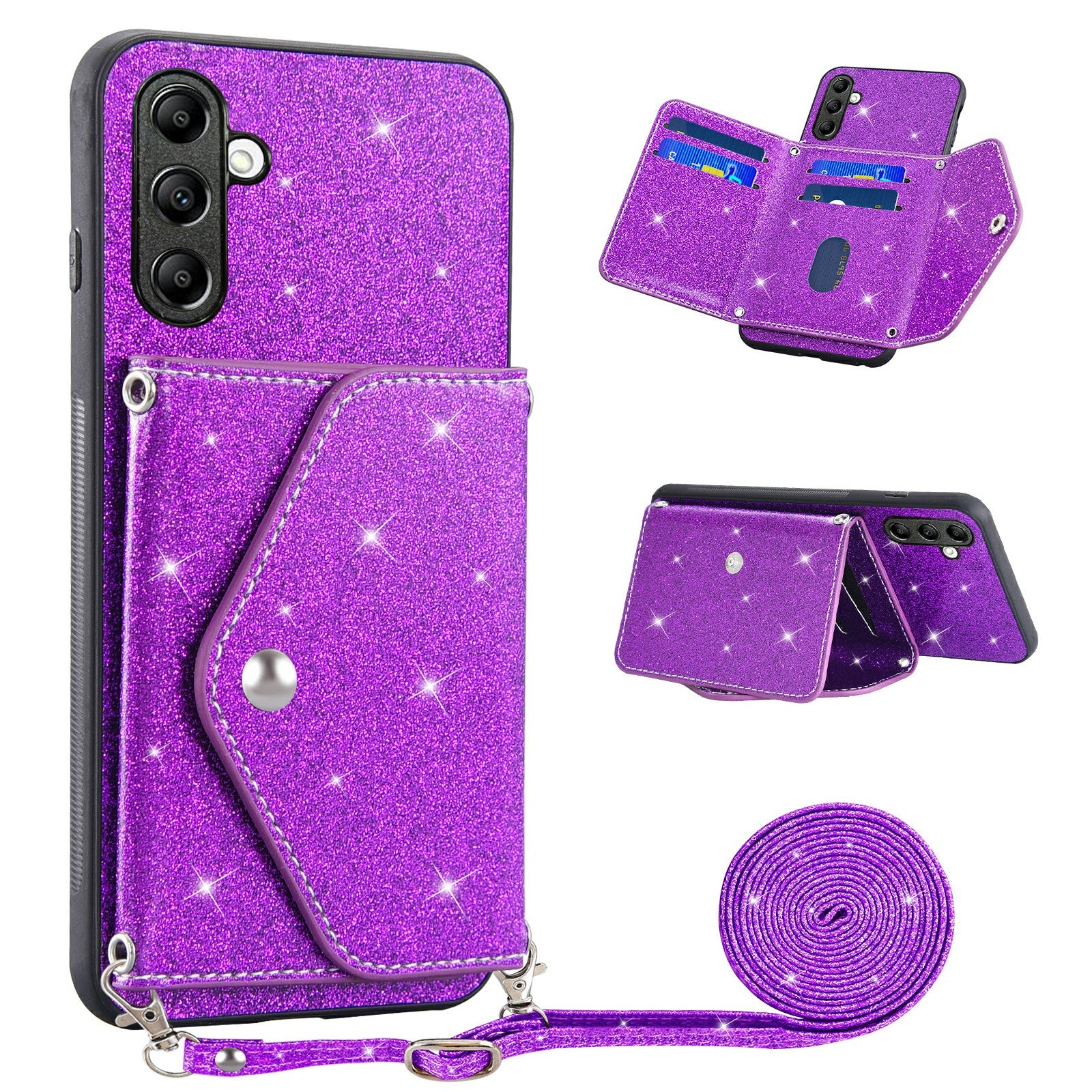 For Samsung Galaxy M13 4G / M23 5G / F23 5G Card Holder Phone Case Triangle Kickstand PU Leather+TPU Glittery Powder Shell