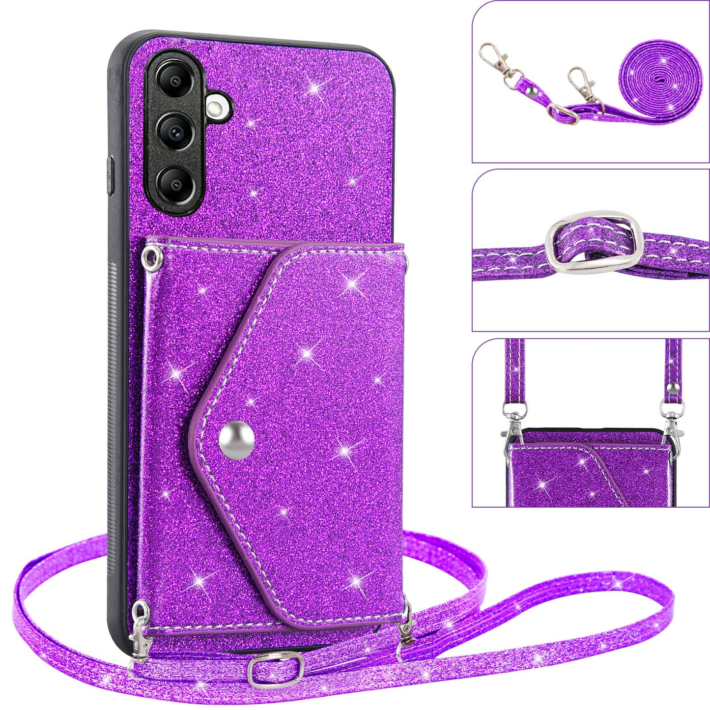 For Samsung Galaxy M13 4G / M23 5G / F23 5G Card Holder Phone Case Triangle Kickstand PU Leather+TPU Glittery Powder Shell