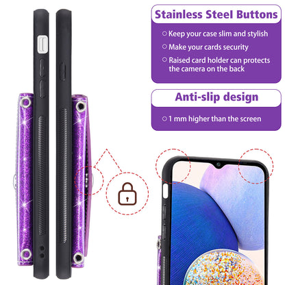 For Samsung Galaxy M13 4G / M23 5G / F23 5G Card Holder Phone Case Triangle Kickstand PU Leather+TPU Glittery Powder Shell