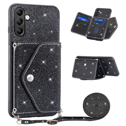 Triangle Kickstand PU Leather+TPU Phone Case for Samsung Galaxy A34 5G Card Holder Glittery Powder Phone Cover