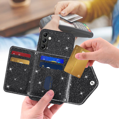 Triangle Kickstand PU Leather+TPU Phone Case for Samsung Galaxy A34 5G Card Holder Glittery Powder Phone Cover