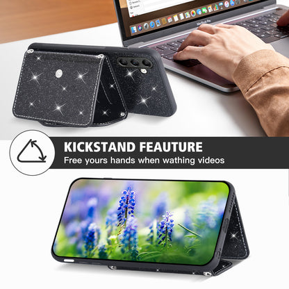Triangle Kickstand PU Leather+TPU Phone Case for Samsung Galaxy A34 5G Card Holder Glittery Powder Phone Cover