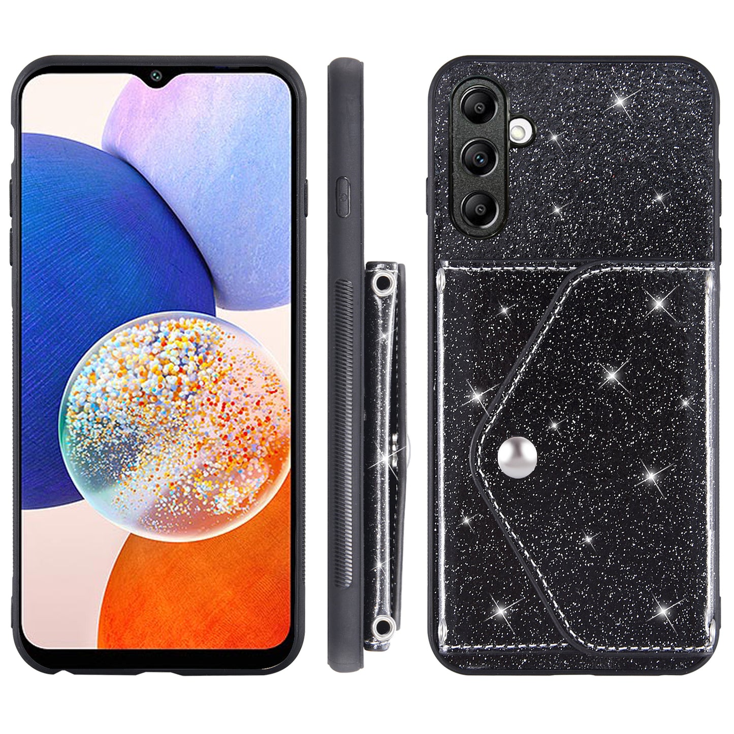 Triangle Kickstand PU Leather+TPU Phone Case for Samsung Galaxy A34 5G Card Holder Glittery Powder Phone Cover