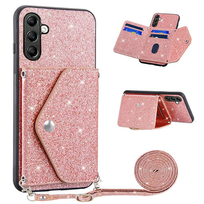 Triangle Kickstand PU Leather+TPU Phone Case for Samsung Galaxy A34 5G Card Holder Glittery Powder Phone Cover