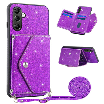 Triangle Kickstand PU Leather+TPU Phone Case for Samsung Galaxy A34 5G Card Holder Glittery Powder Phone Cover