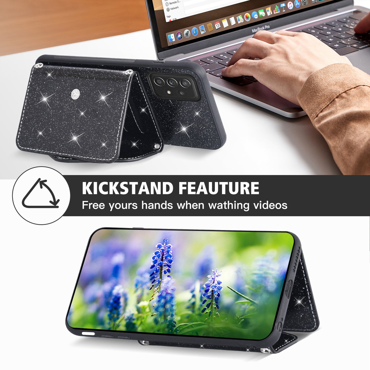 For Samsung Galaxy A13 4G Triangle Kickstand Card Holder Phone Case PU Leather+TPU Glittery Powder Phone Cover