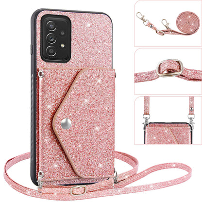For Samsung Galaxy A13 4G Triangle Kickstand Card Holder Phone Case PU Leather+TPU Glittery Powder Phone Cover