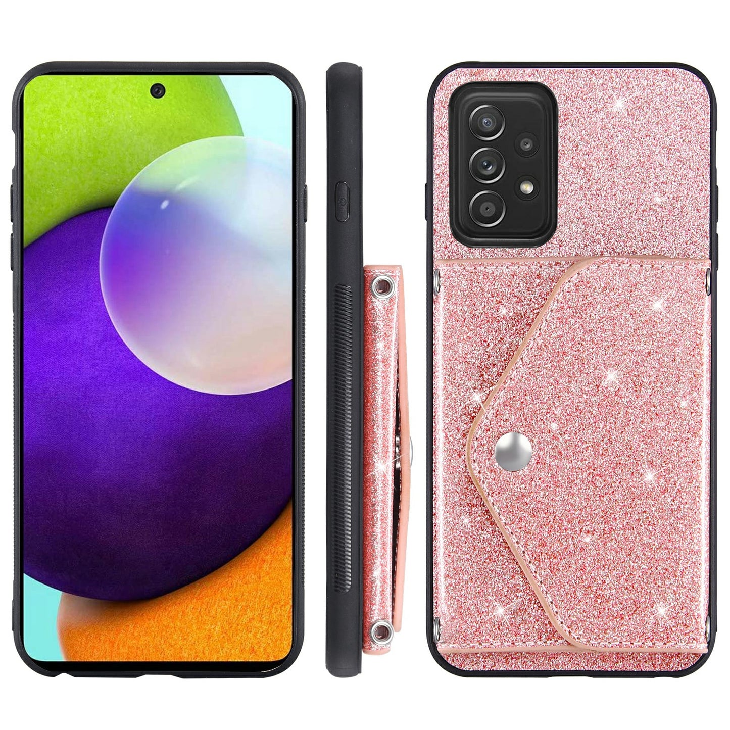 For Samsung Galaxy A13 4G Triangle Kickstand Card Holder Phone Case PU Leather+TPU Glittery Powder Phone Cover