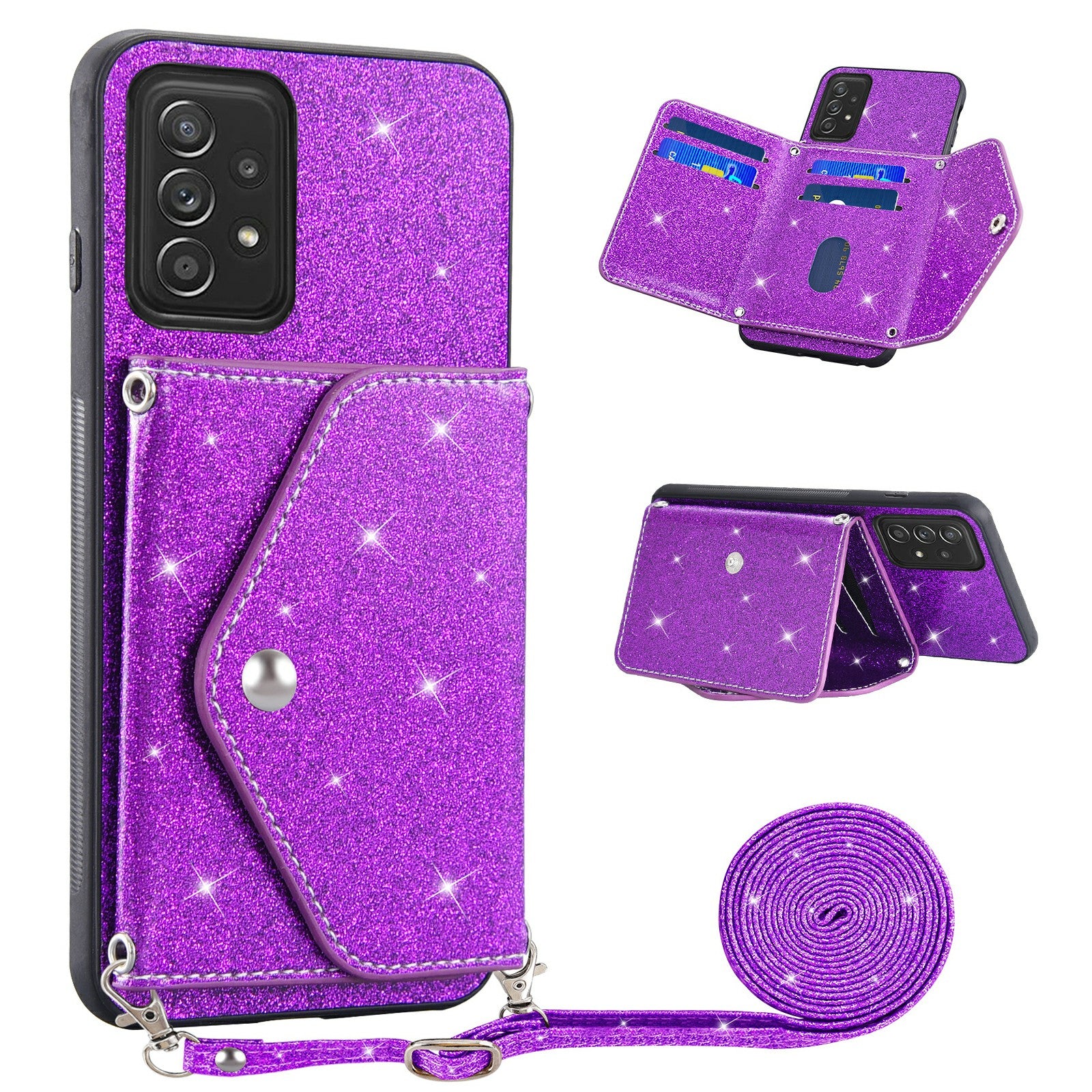 For Samsung Galaxy A13 4G Triangle Kickstand Card Holder Phone Case PU Leather+TPU Glittery Powder Phone Cover