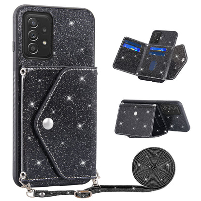 For Samsung Galaxy A52 4G / 5G / A52s 5G Card Holder Kickstand Phone Cover Glitter Leather Coated TPU Case