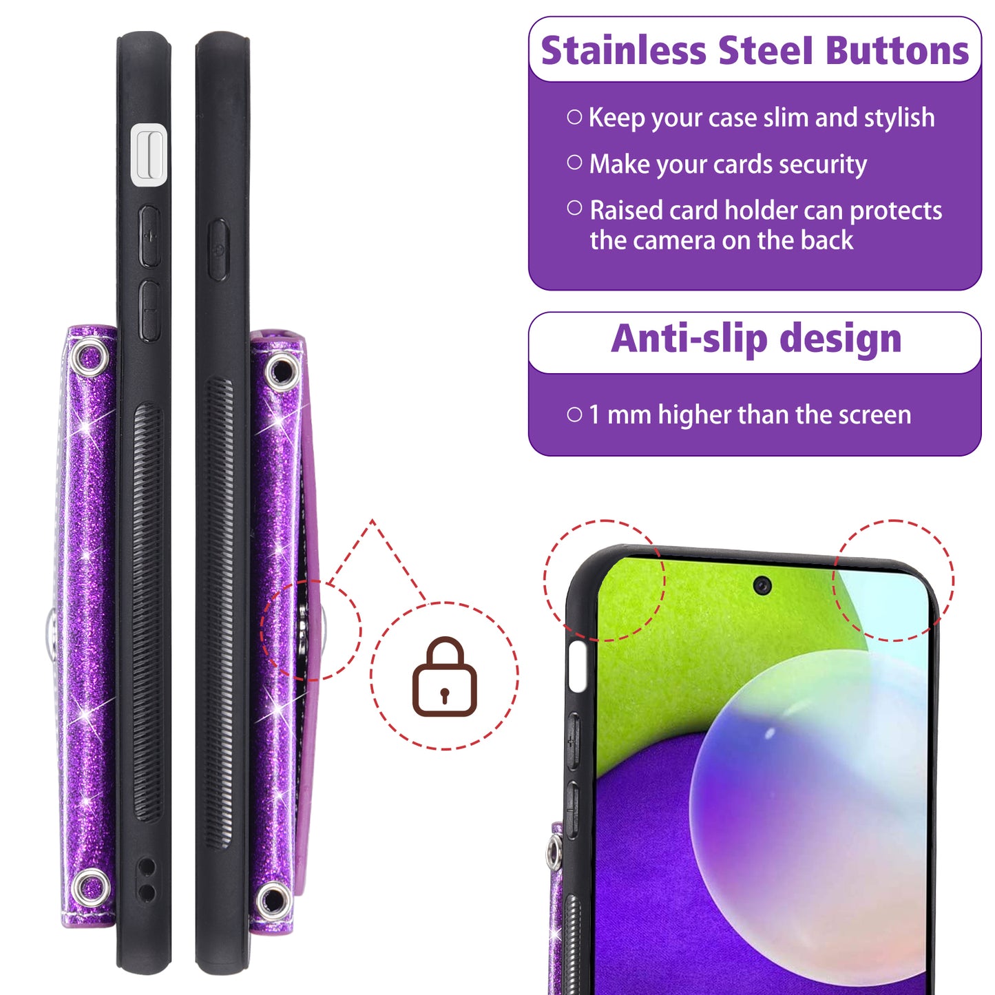 For Samsung Galaxy A52 4G / 5G / A52s 5G Card Holder Kickstand Phone Cover Glitter Leather Coated TPU Case