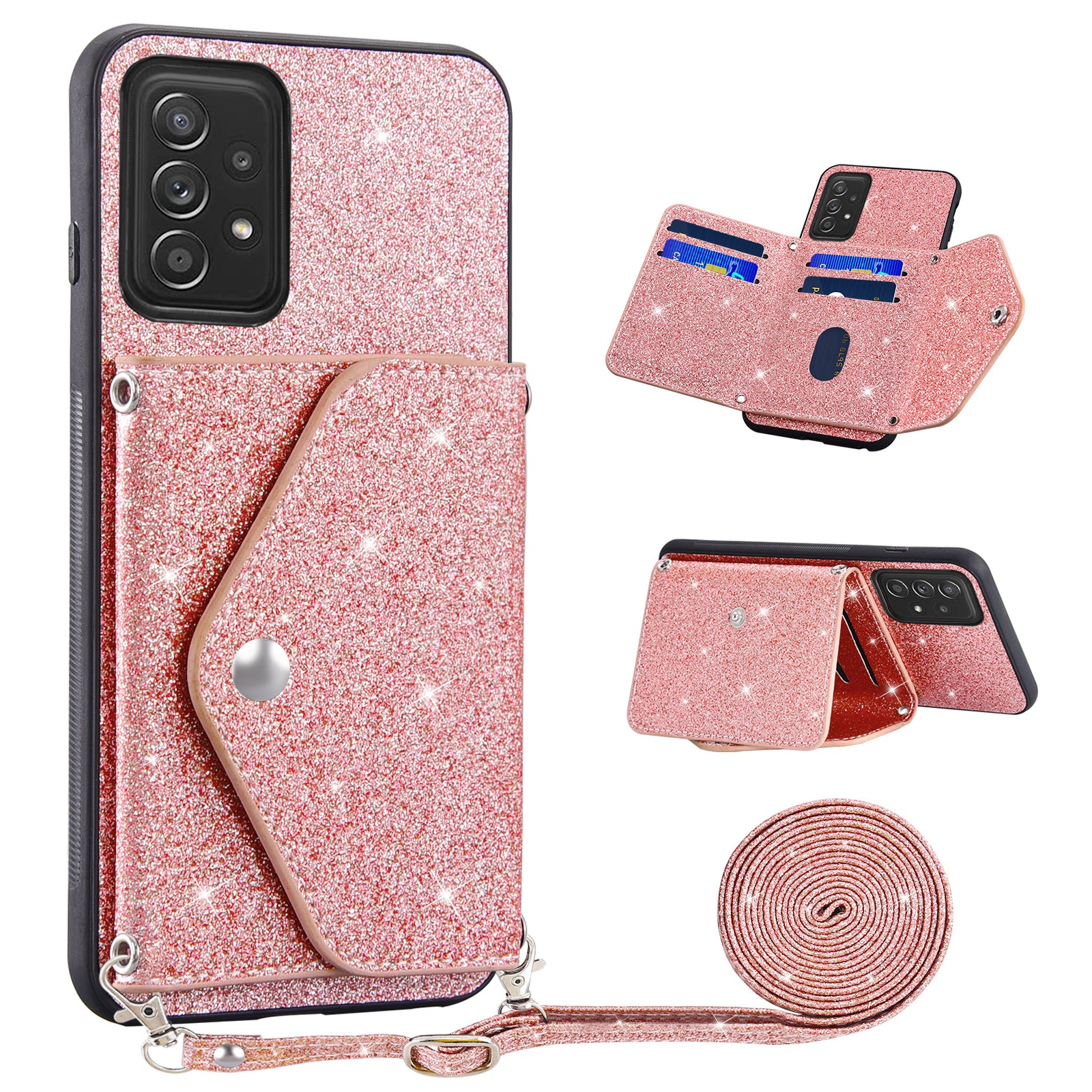 For Samsung Galaxy A23 4G / 5G (Global Version) Glitter Phone Cover Card Holder Kickstand Leather Coated TPU Case