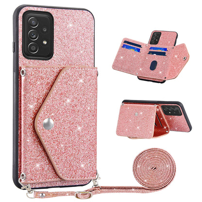 For Samsung Galaxy A23 4G / 5G (Global Version) Glitter Phone Cover Card Holder Kickstand Leather Coated TPU Case
