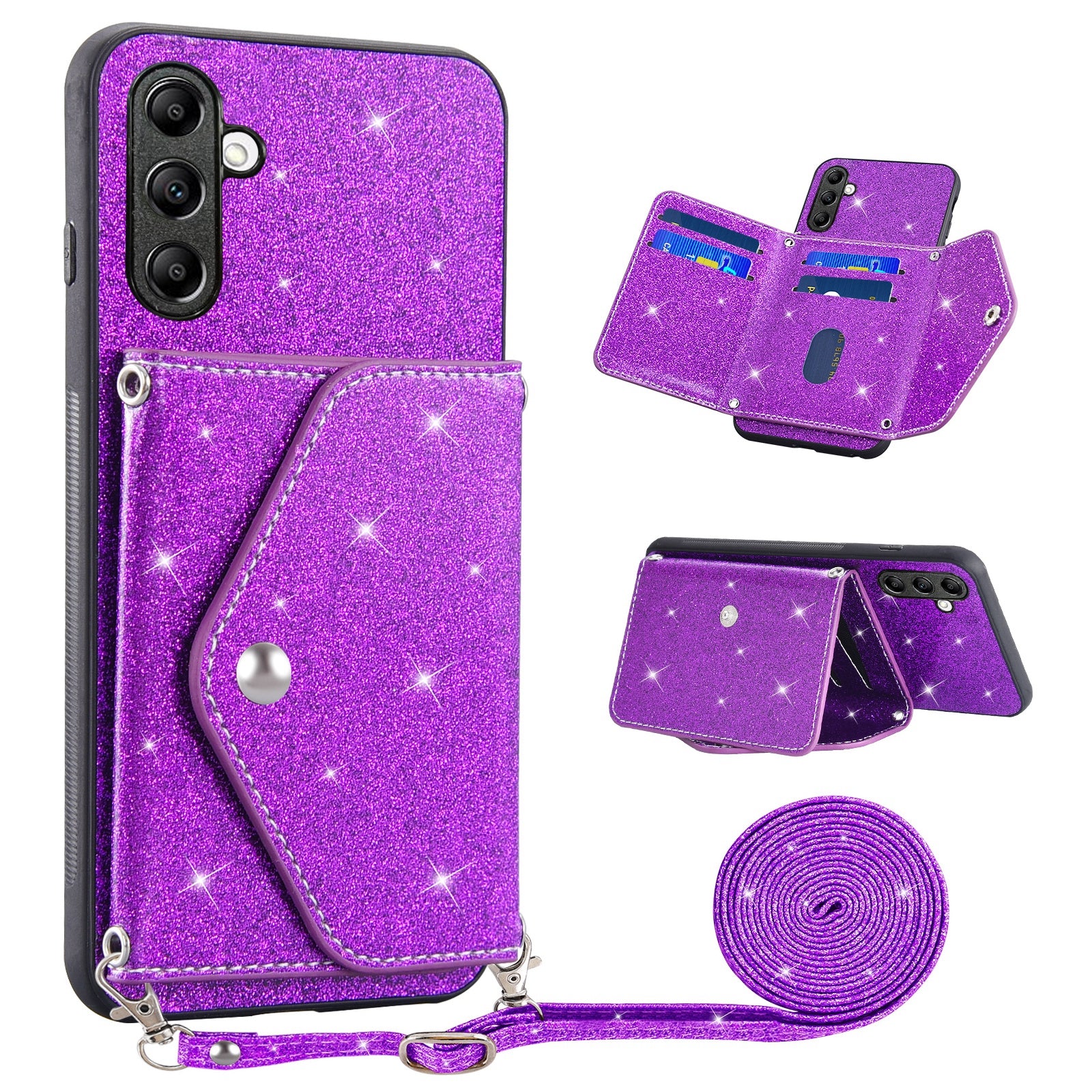 For Samsung Galaxy A54 5G Card Holder Glitter Phone Kickstand Case PU Leather Coated TPU Cover