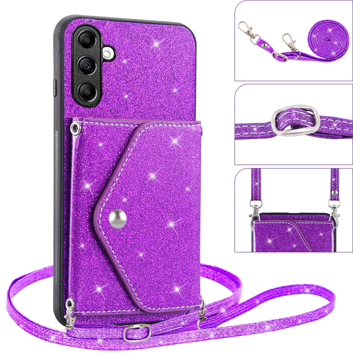 For Samsung Galaxy A54 5G Card Holder Glitter Phone Kickstand Case PU Leather Coated TPU Cover