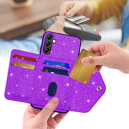 For Samsung Galaxy A54 5G Card Holder Glitter Phone Kickstand Case PU Leather Coated TPU Cover