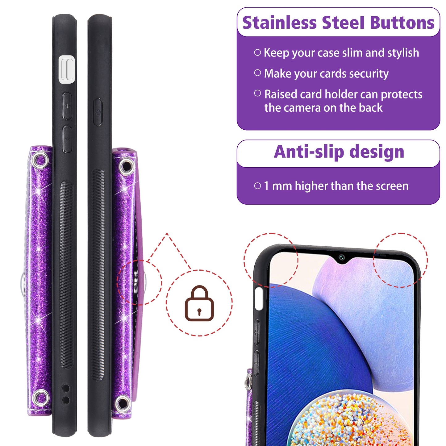 For Samsung Galaxy A54 5G Card Holder Glitter Phone Kickstand Case PU Leather Coated TPU Cover