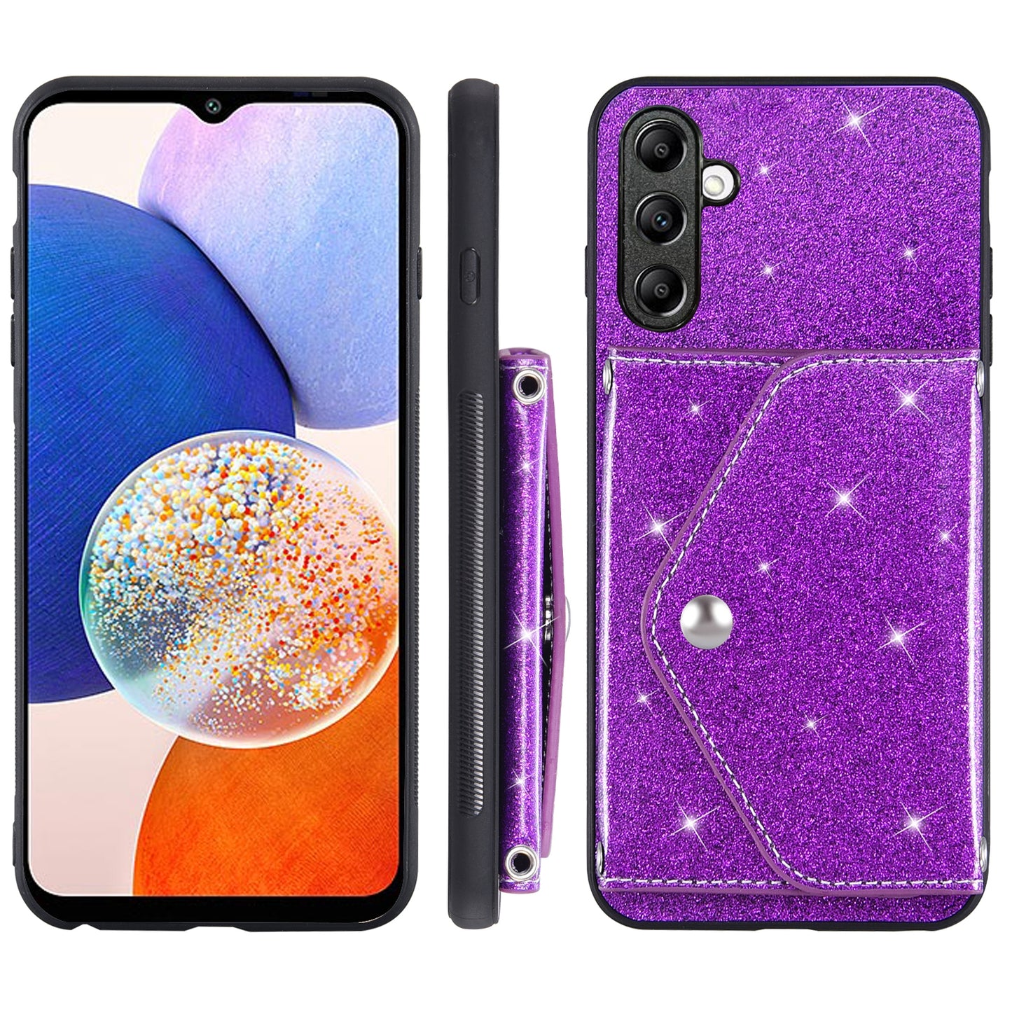 For Samsung Galaxy A54 5G Card Holder Glitter Phone Kickstand Case PU Leather Coated TPU Cover