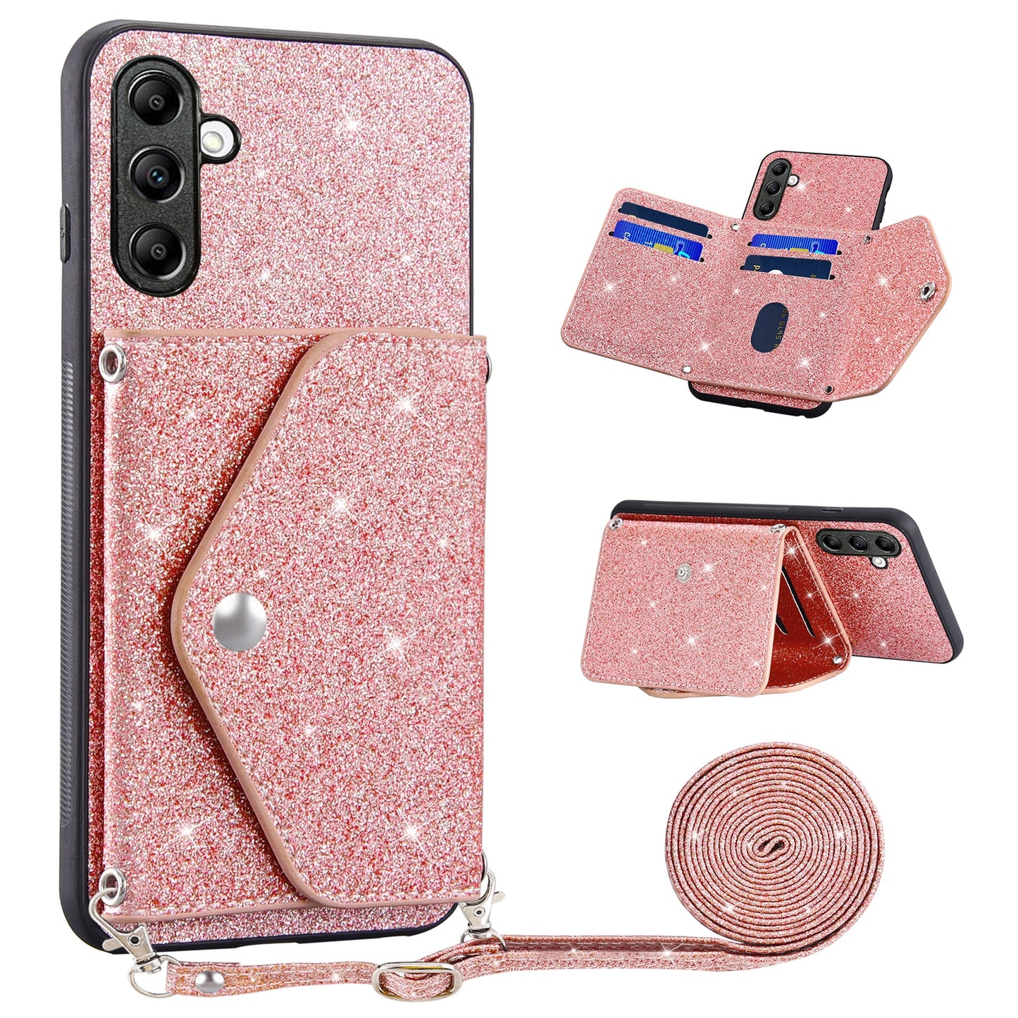 For Samsung Galaxy A54 5G Card Holder Glitter Phone Kickstand Case PU Leather Coated TPU Cover