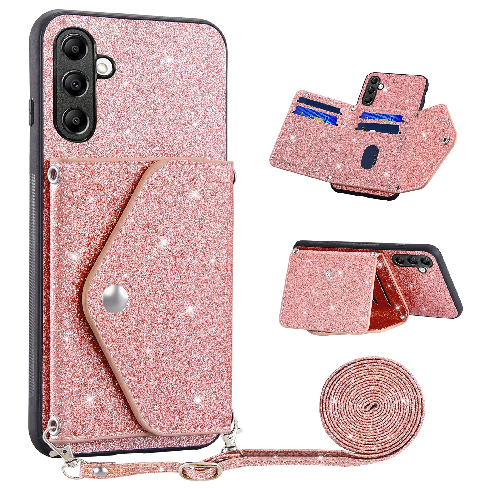 For Samsung Galaxy A54 5G Card Holder Glitter Phone Kickstand Case PU Leather Coated TPU Cover