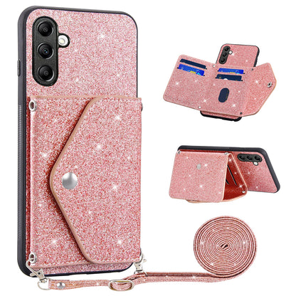For Samsung Galaxy A54 5G Card Holder Glitter Phone Kickstand Case PU Leather Coated TPU Cover
