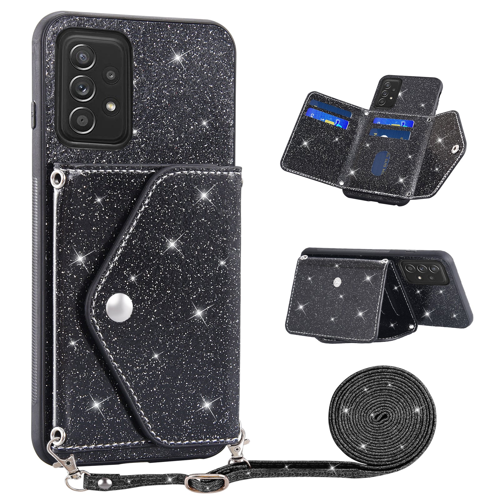 For Samsung Galaxy A53 5G Card Holder Phone Case Kickstand PU Leather Coated TPU Glitter Phone Cover