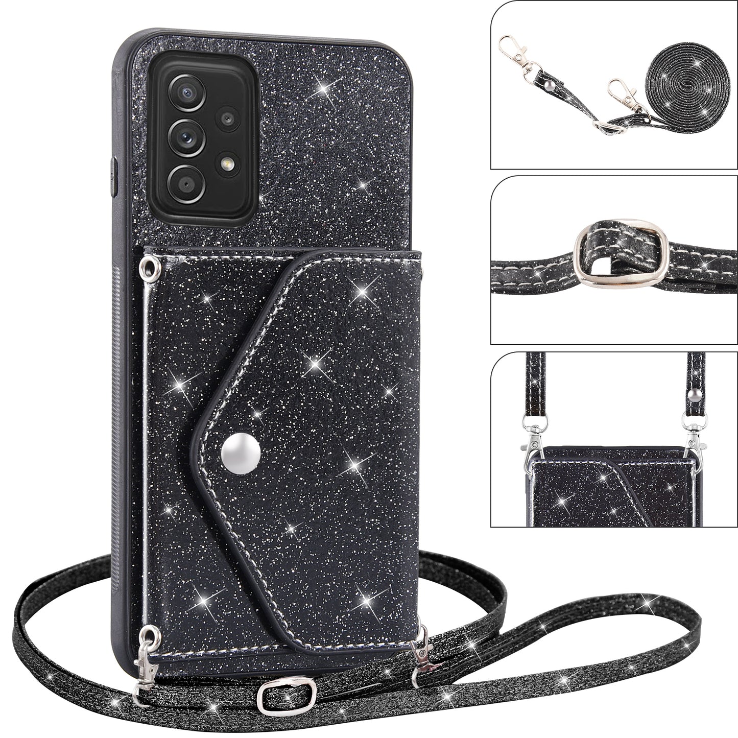 For Samsung Galaxy A53 5G Card Holder Phone Case Kickstand PU Leather Coated TPU Glitter Phone Cover