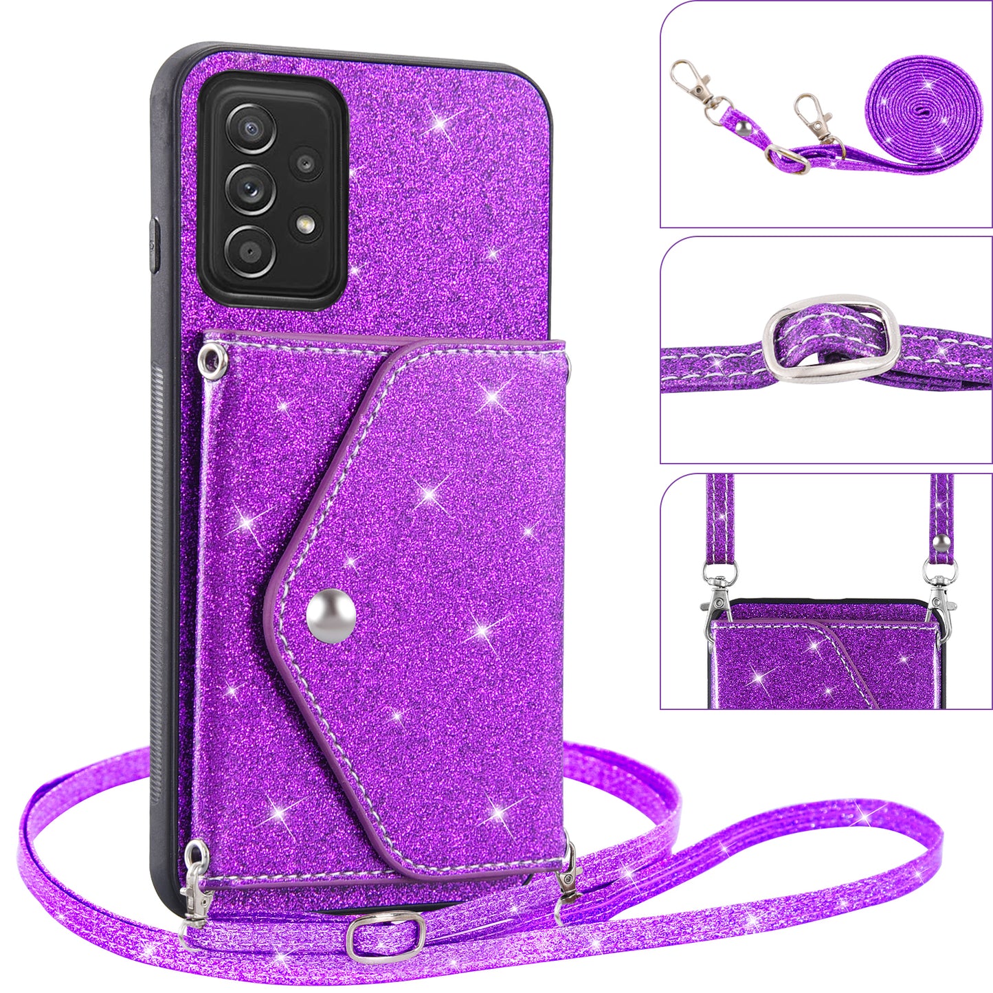 For Samsung Galaxy A53 5G Card Holder Phone Case Kickstand PU Leather Coated TPU Glitter Phone Cover