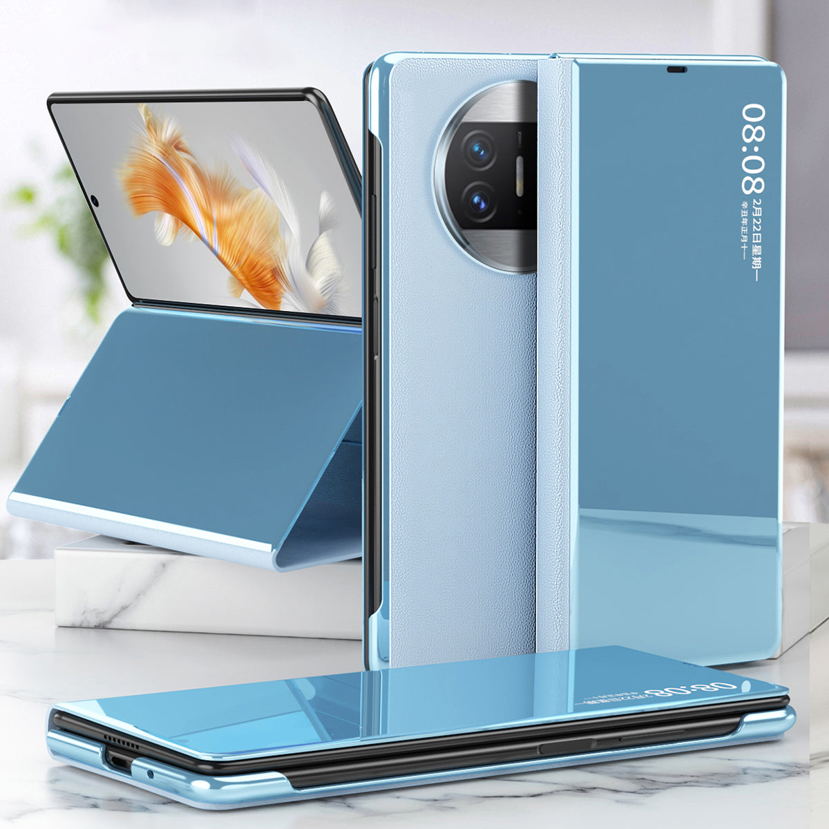 For Huawei Mate X3 5G Electroplating Mirror Surface Phone Case View Window Leather Phone Cover