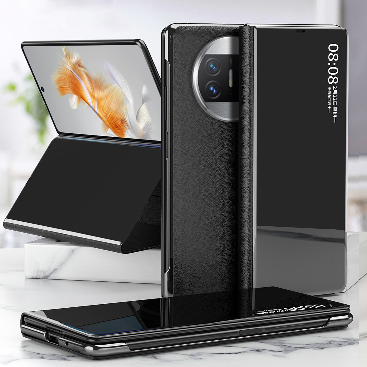 For Huawei Mate X3 5G Electroplating Mirror Surface Phone Case View Window Leather Phone Cover