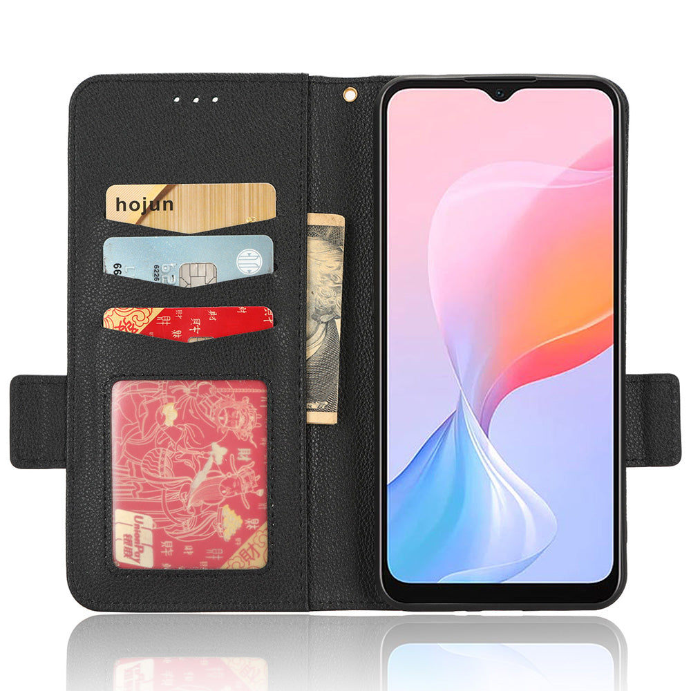 For Blackview A85 Wallet Phone Case PU Leather Litchi Texture Stand Cover with Strap