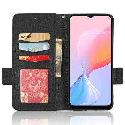 For Blackview A85 Wallet Phone Case PU Leather Litchi Texture Stand Cover with Strap