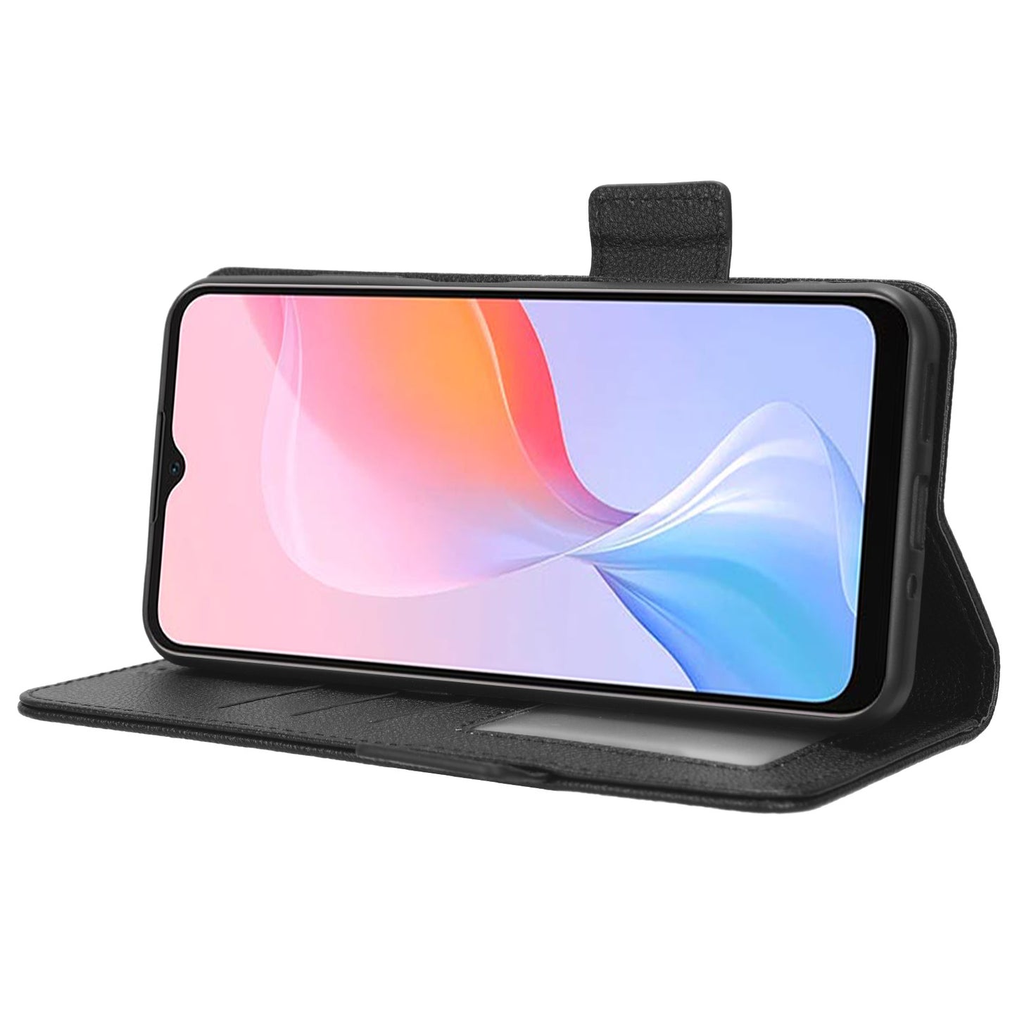 For Blackview A85 Wallet Phone Case PU Leather Litchi Texture Stand Cover with Strap