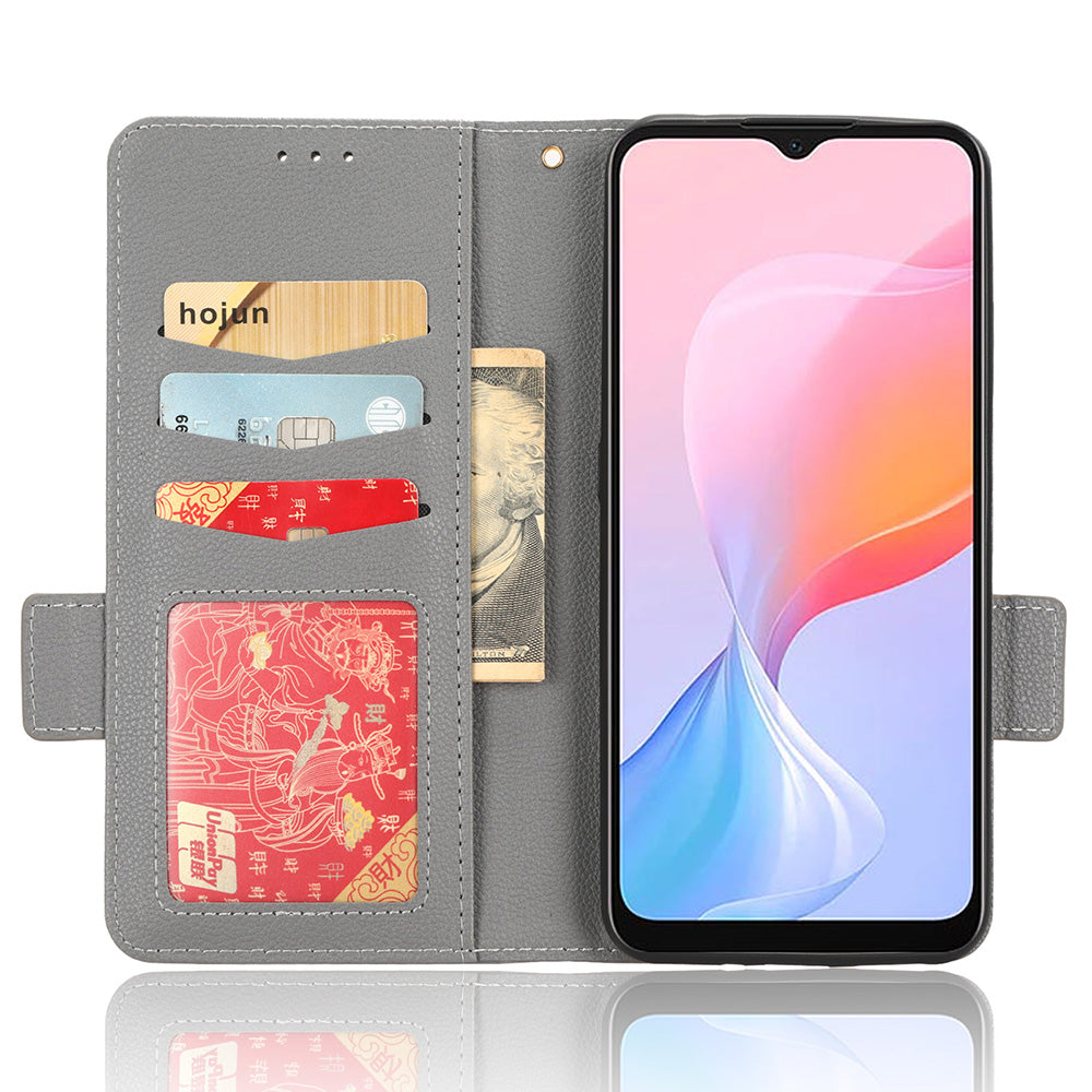 For Blackview A85 Wallet Phone Case PU Leather Litchi Texture Stand Cover with Strap