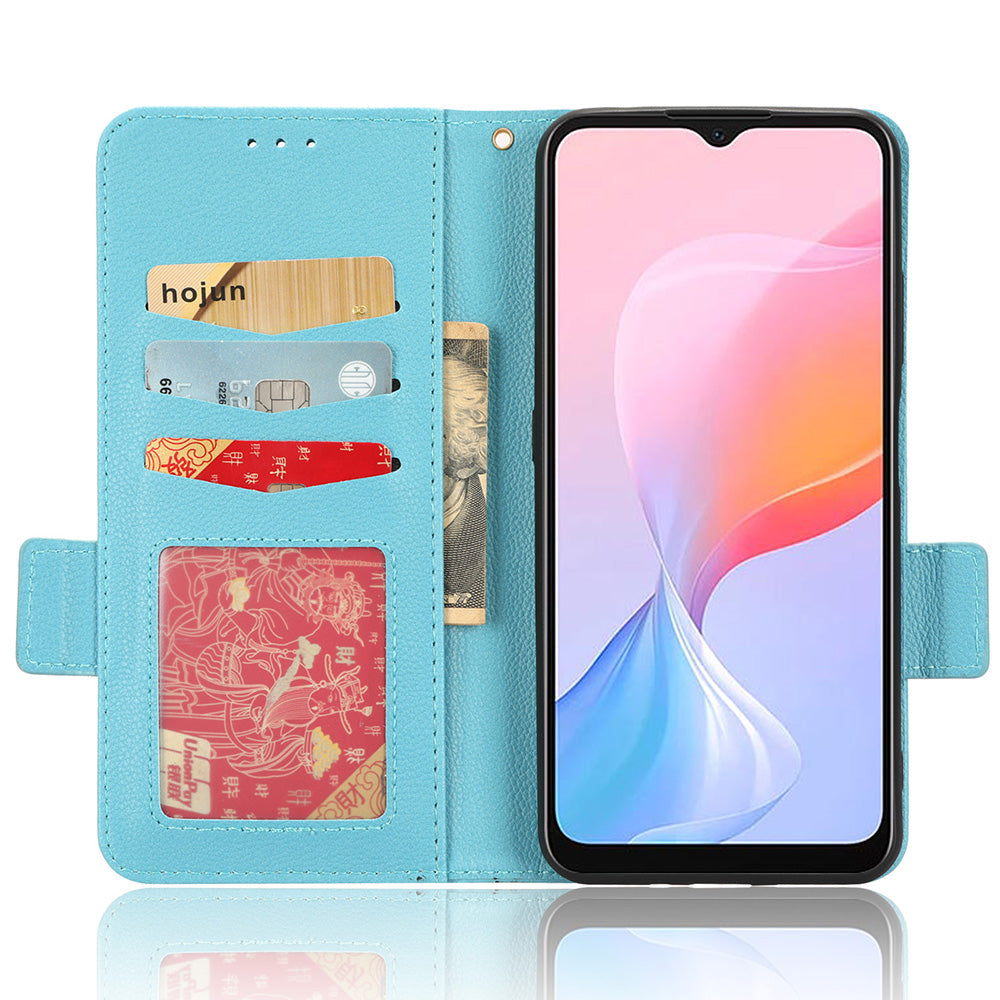 For Blackview A85 Wallet Phone Case PU Leather Litchi Texture Stand Cover with Strap