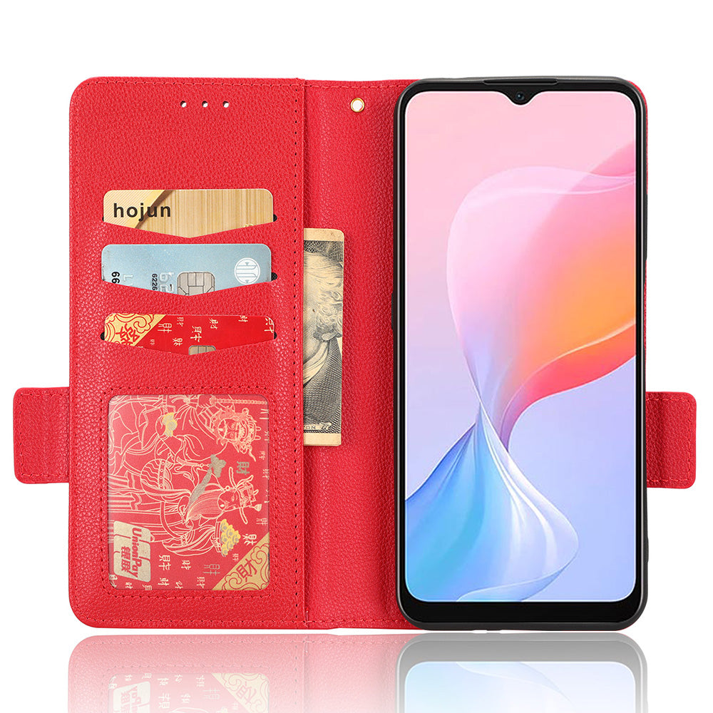 For Blackview A85 Wallet Phone Case PU Leather Litchi Texture Stand Cover with Strap