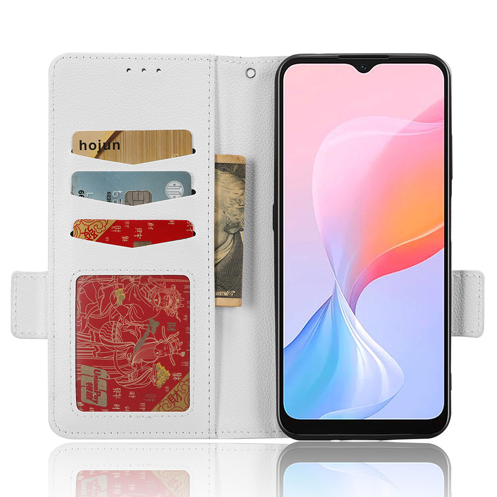 For Blackview A85 Wallet Phone Case PU Leather Litchi Texture Stand Cover with Strap