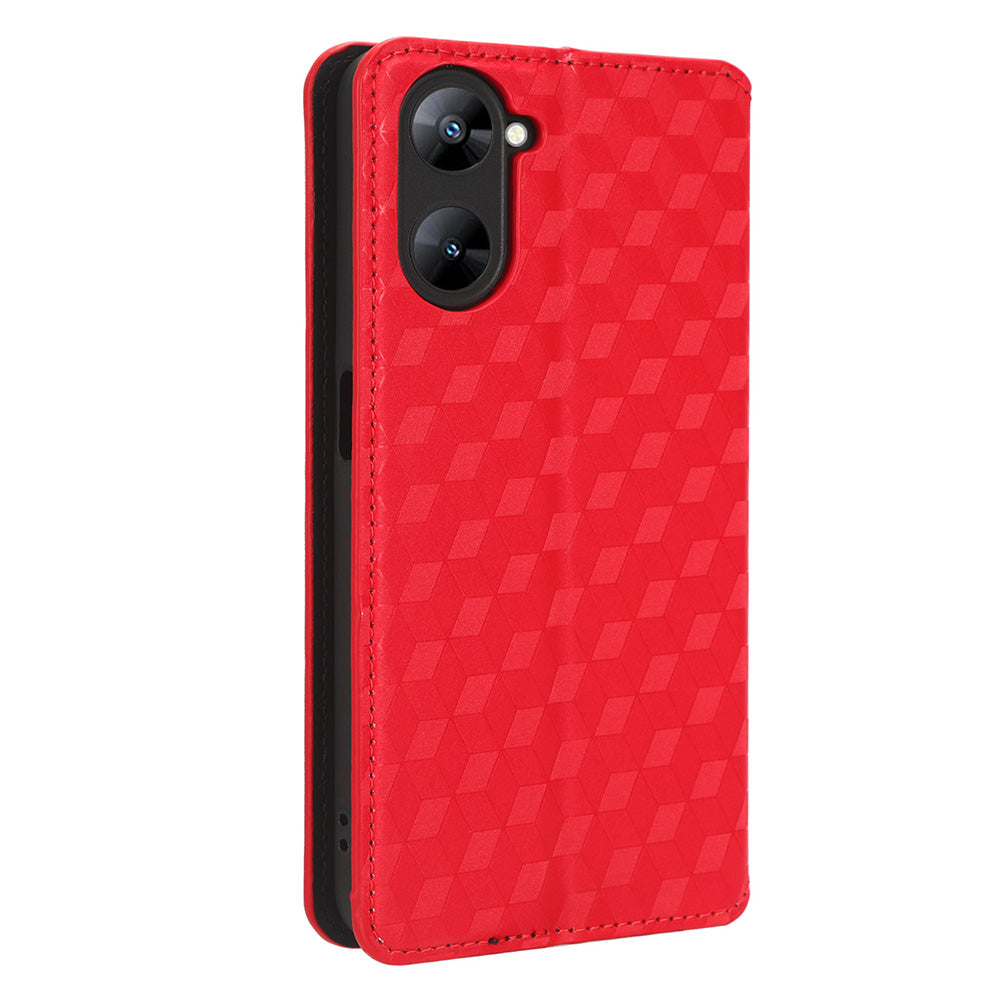 For Realme V30 5G / V30t PU Leather Wallet Case Imprinted Rhombus Pattern Stand Phone Cover