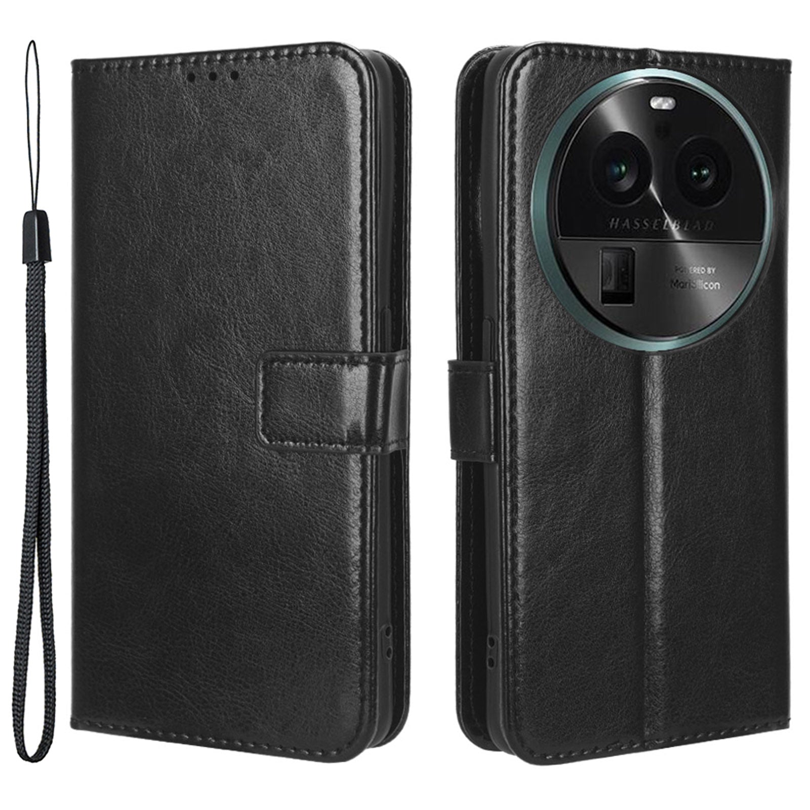 For Oppo Find X6 PU Leather Flip Folio Case Crazy Horse Texture Wallet Stand Phone Cover with Strap