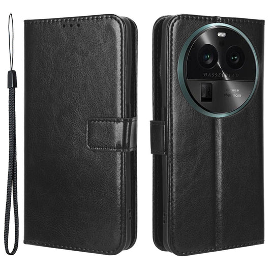 For Oppo Find X6 PU Leather Flip Folio Case Crazy Horse Texture Wallet Stand Phone Cover with Strap