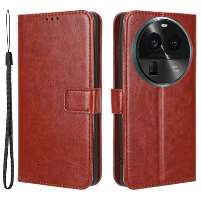 For Oppo Find X6 PU Leather Flip Folio Case Crazy Horse Texture Wallet Stand Phone Cover with Strap