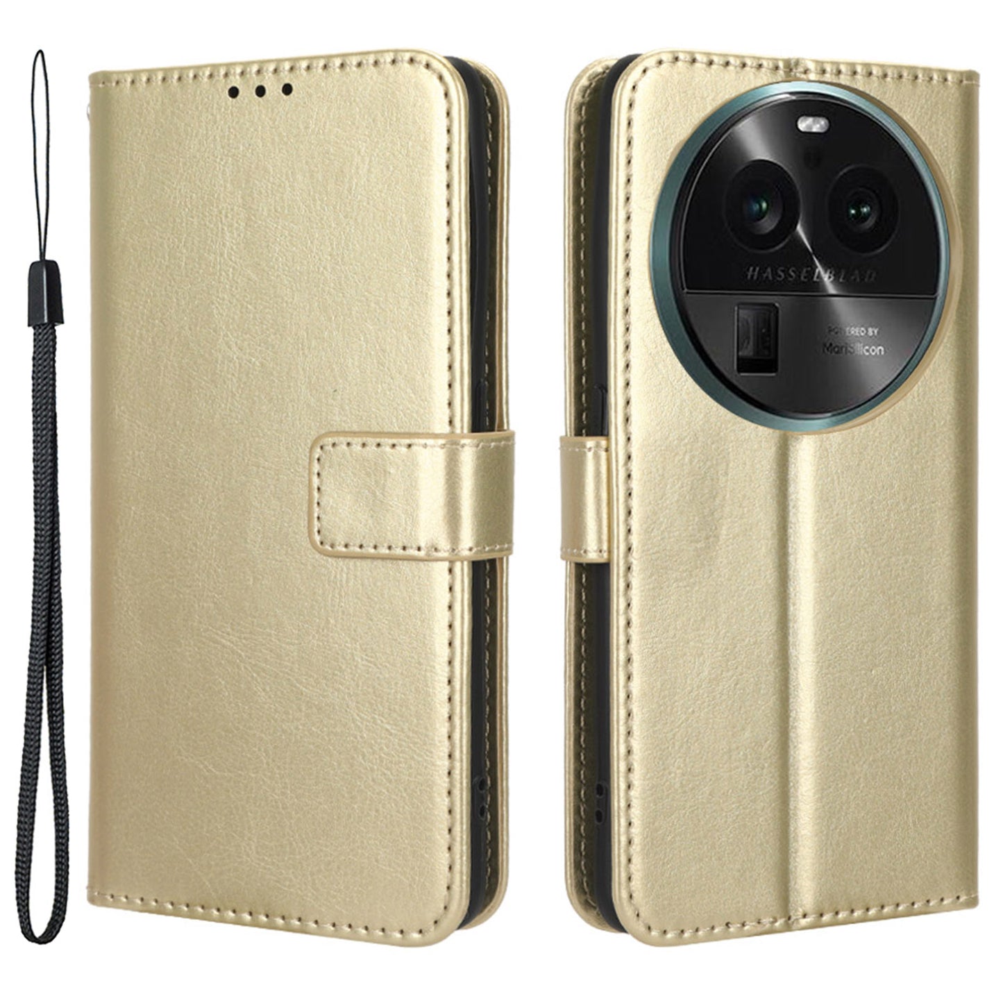 For Oppo Find X6 PU Leather Flip Folio Case Crazy Horse Texture Wallet Stand Phone Cover with Strap