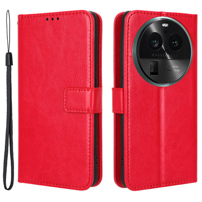 For Oppo Find X6 PU Leather Flip Folio Case Crazy Horse Texture Wallet Stand Phone Cover with Strap