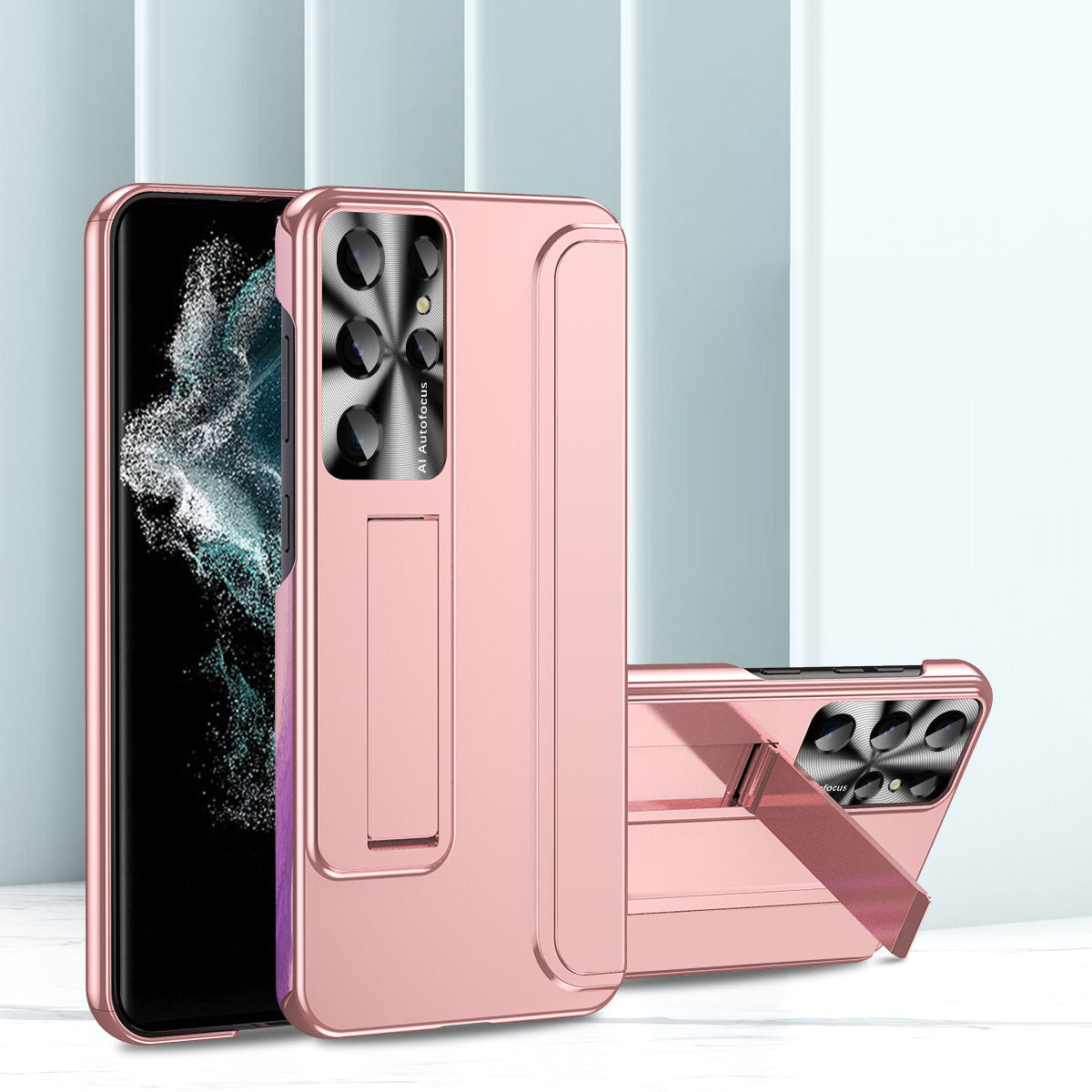 For Samsung Galaxy S22 Ultra 5G Anti-Scratch Hard PC Phone Case Electroplating Design Kickstand Protective Cover