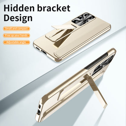 For Samsung Galaxy S22 Ultra 5G Anti-Scratch Hard PC Phone Case Electroplating Design Kickstand Protective Cover
