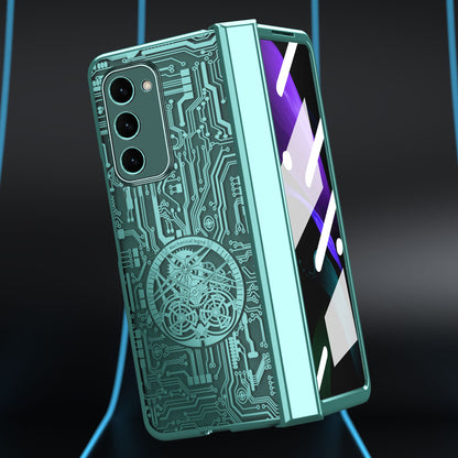 For Samsung Galaxy Z Fold2 5G Mechanical Legend Series Hinge Protection Phone Case Hard PC Electroplating Cover with Tempered Glass Film
