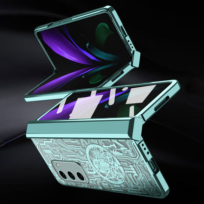 For Samsung Galaxy Z Fold2 5G Mechanical Legend Series Hinge Protection Phone Case Hard PC Electroplating Cover with Tempered Glass Film