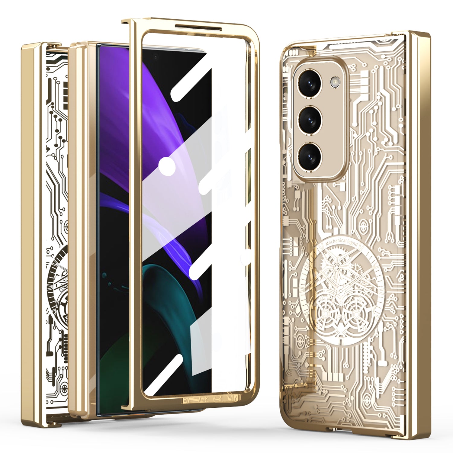 For Samsung Galaxy Z Fold2 5G Mechanical Legend Series Hinge Protection Phone Case Hard PC Electroplating Cover with Tempered Glass Film