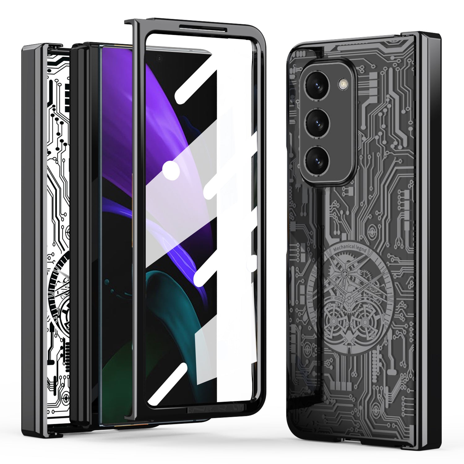 For Samsung Galaxy Z Fold2 5G Mechanical Legend Series Hinge Protection Phone Case Hard PC Electroplating Cover with Tempered Glass Film